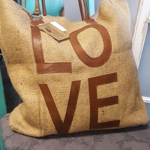 LOVE Burlap & Leather Handbag Tote